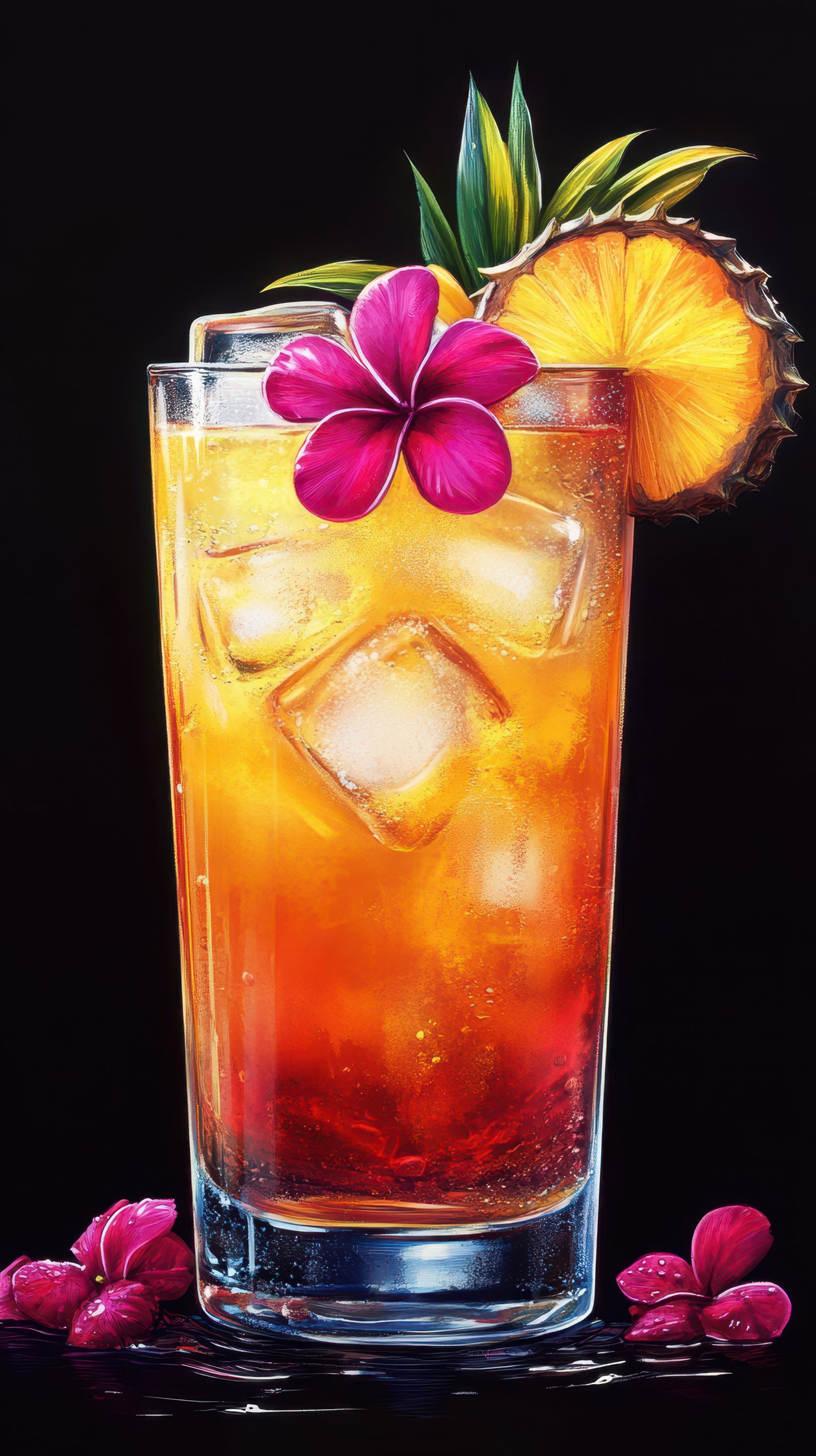 Tropical cocktail garnished with pineapple and flowers served in a clear glass with ice